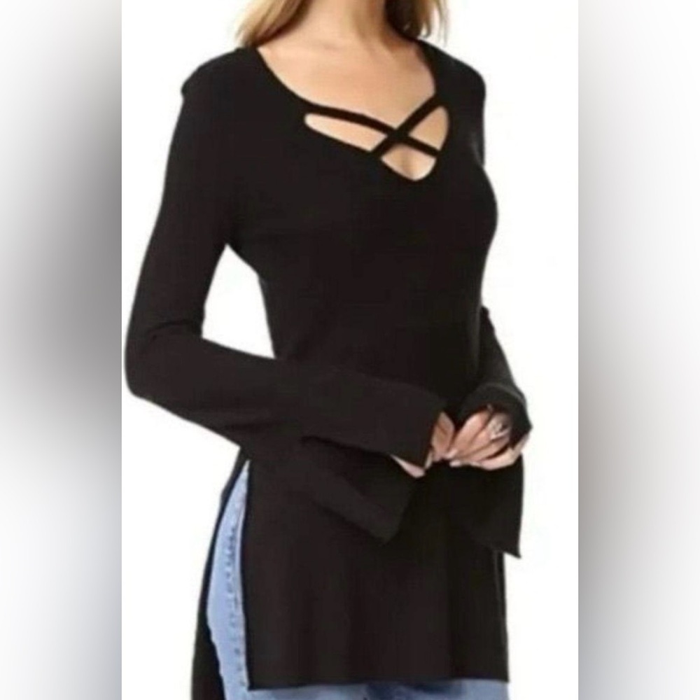 Free People Black Criss Cross Sweater Tunic Bell Sleeves – Size L